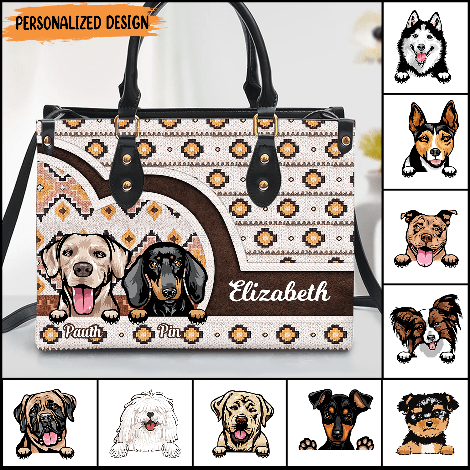 Southwestern Boho Aztec Cute Dog Puppy Cat Kitten Pattern Personalized Leather Handbag HTN12DEC23KL1 Leather Handbag HumanCustom - Unique Personalized Gifts Made Just for You 