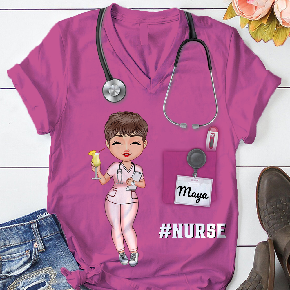 Nurse Scrub CNA RN Healthcare Worker Personalized V-neck 3D T-shirt HTN12JUN24KL2