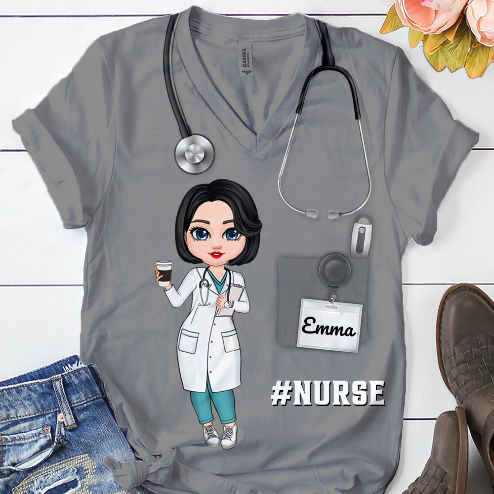 Nurse Scrub CNA RN Healthcare Worker Personalized V-neck 3D T-shirt HTN12JUN24KL2