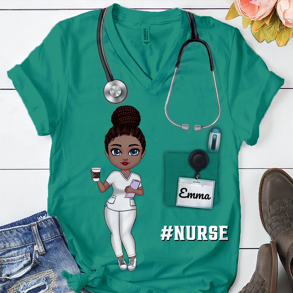 Nurse Scrub CNA RN Healthcare Worker Personalized V-neck 3D T-shirt HTN12JUN24KL2