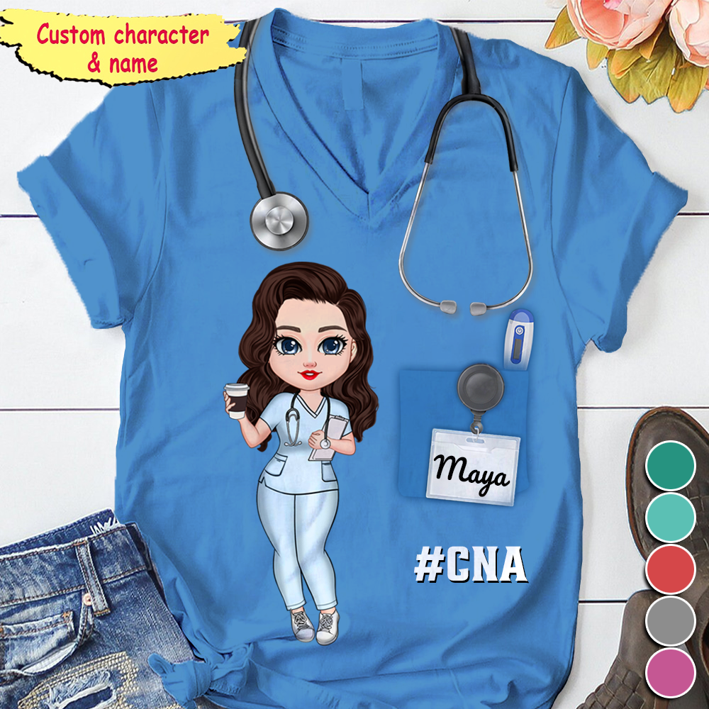 Nurse Scrub CNA RN Healthcare Worker Personalized V-neck 3D T-shirt HTN12JUN24KL2