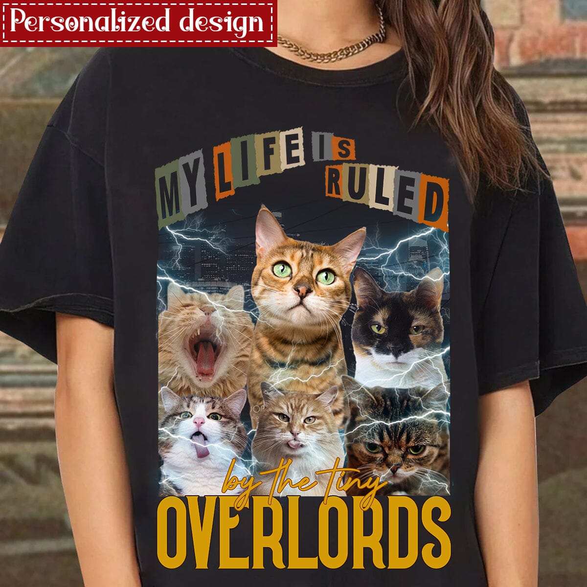 Upload Photo Cute Cat My life is ruled by the tiny Overlord Personalized Black T-shirt and Hoodie HTN14DEC23NA1 Black T-shirt and Hoodie HumanCustom - Unique Personalized Gifts Made Just for You Classic Tee Black S