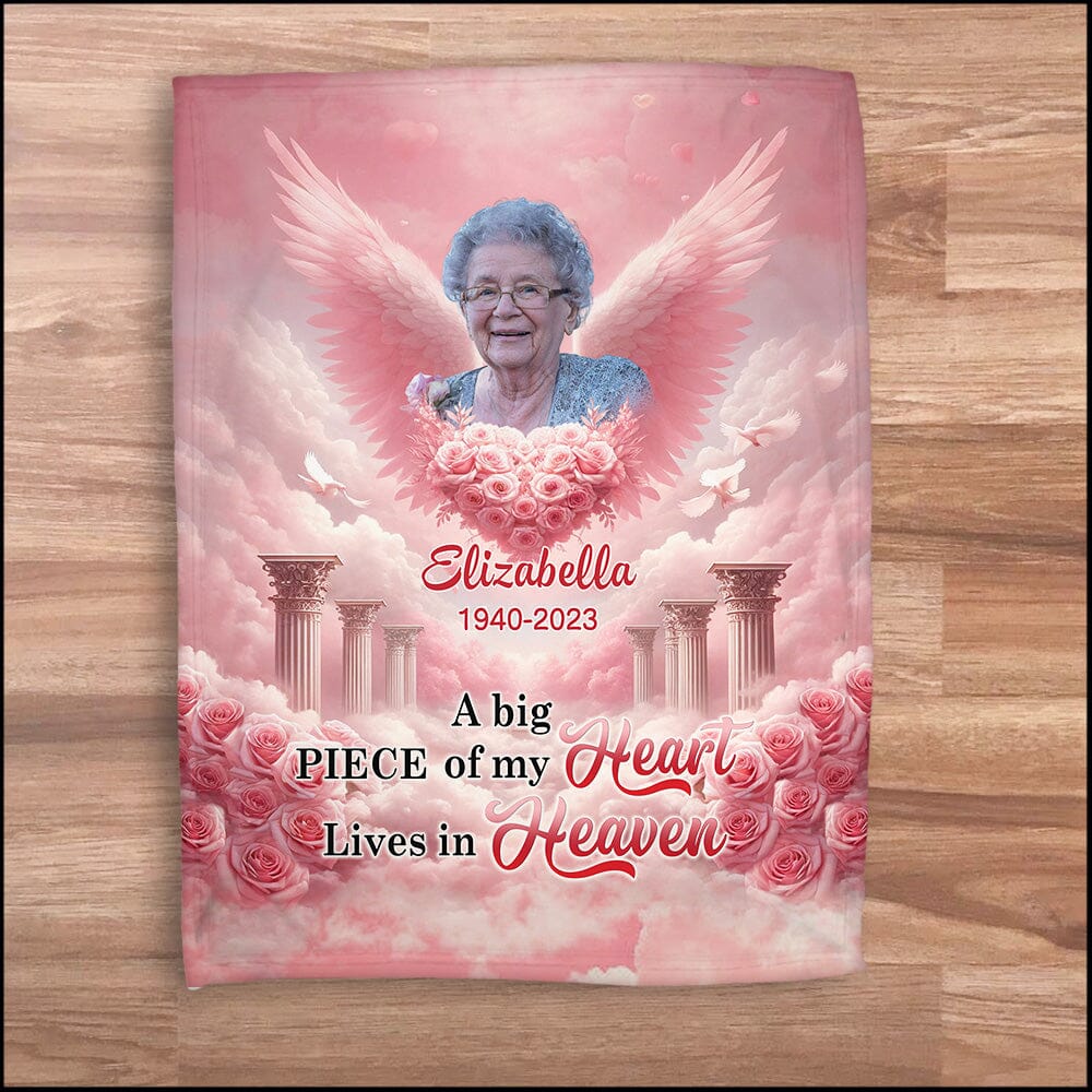 Pink Sky Upload Photo Memorial A Big Piece Of My Heart Lives In Heaven Personalized Fleece Blanket HTN14DEC23VA1 Fleece Blanket HumanCustom - Unique Personalized Gifts Made Just for You 