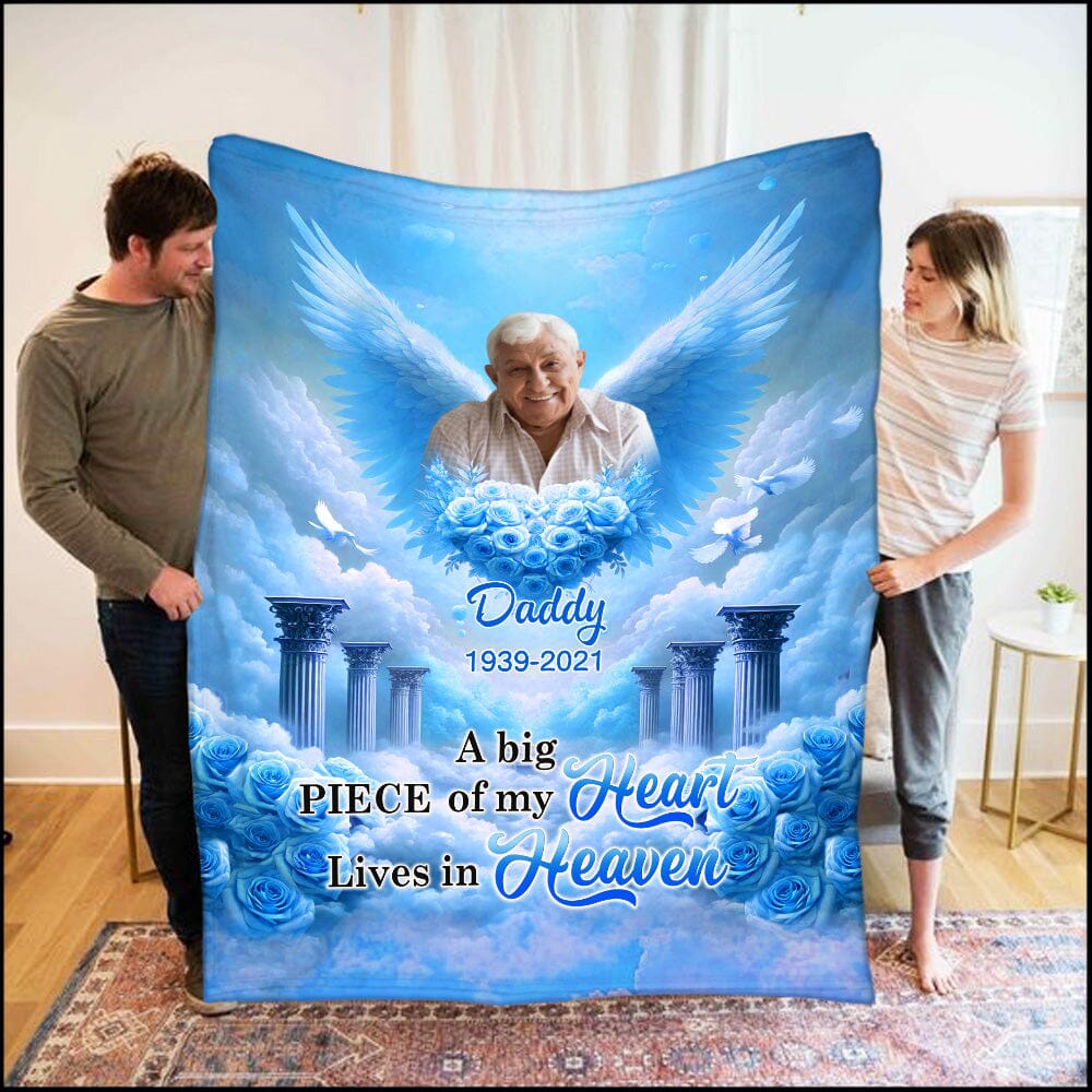 Pink Sky Upload Photo Memorial A Big Piece Of My Heart Lives In Heaven Personalized Fleece Blanket HTN14DEC23VA1 Fleece Blanket HumanCustom - Unique Personalized Gifts Made Just for You 