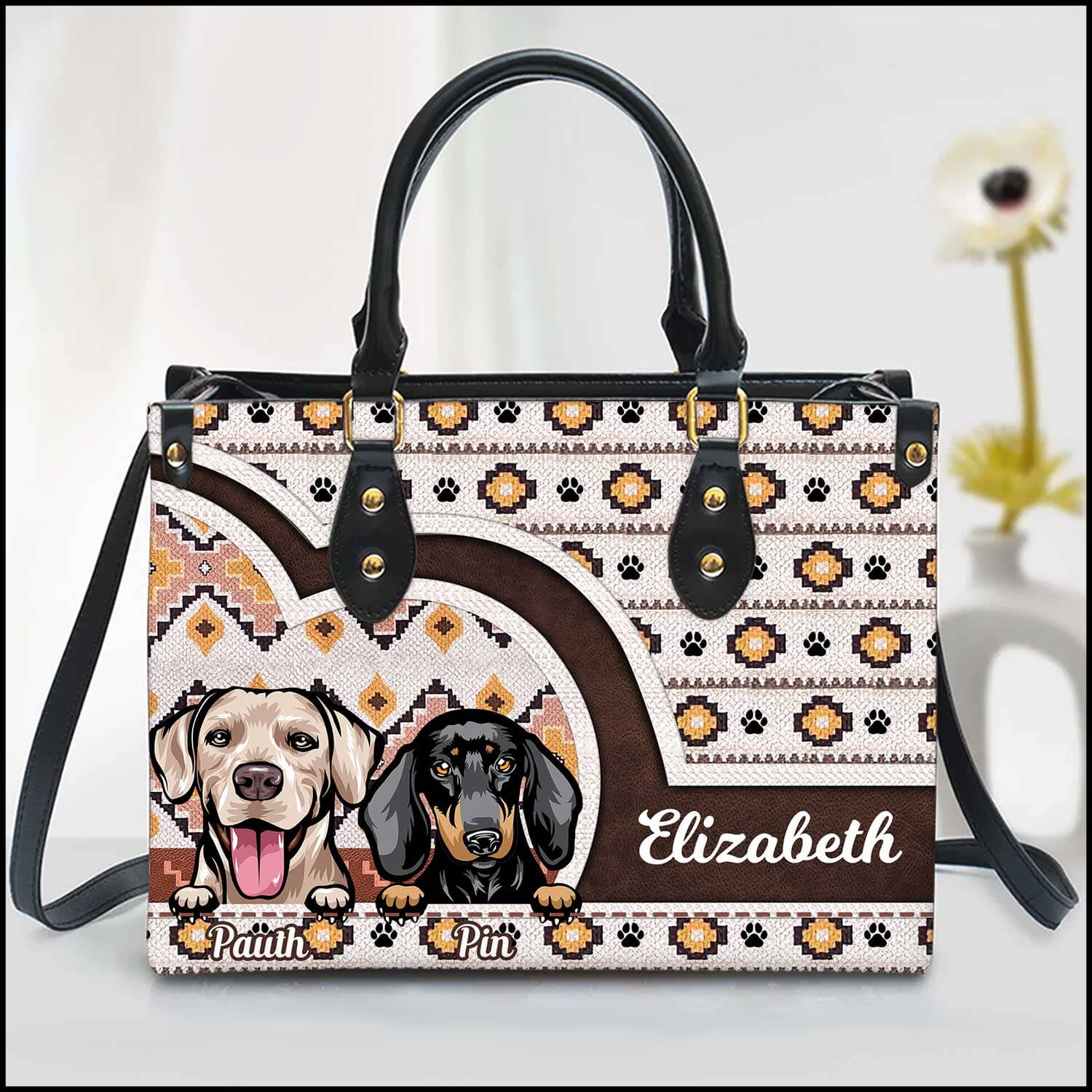 Southwestern Paw Boho Aztec Pattern Cute Dog Puppy Cat Kitten Pattern Personalized Leather Handbag HTN16DEC23KL1 Leather Handbag HumanCustom - Unique Personalized Gifts Made Just for You 