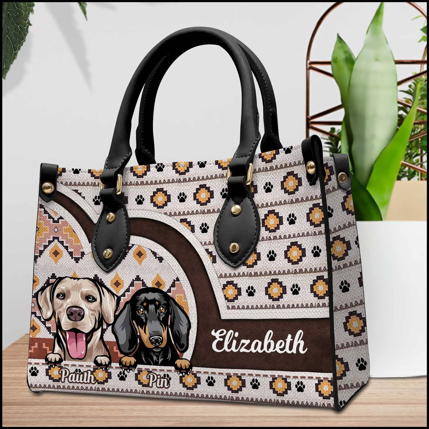 Southwestern Paw Boho Aztec Pattern Cute Dog Puppy Cat Kitten Pattern Personalized Leather Handbag HTN16DEC23KL1 Leather Handbag HumanCustom - Unique Personalized Gifts Made Just for You 