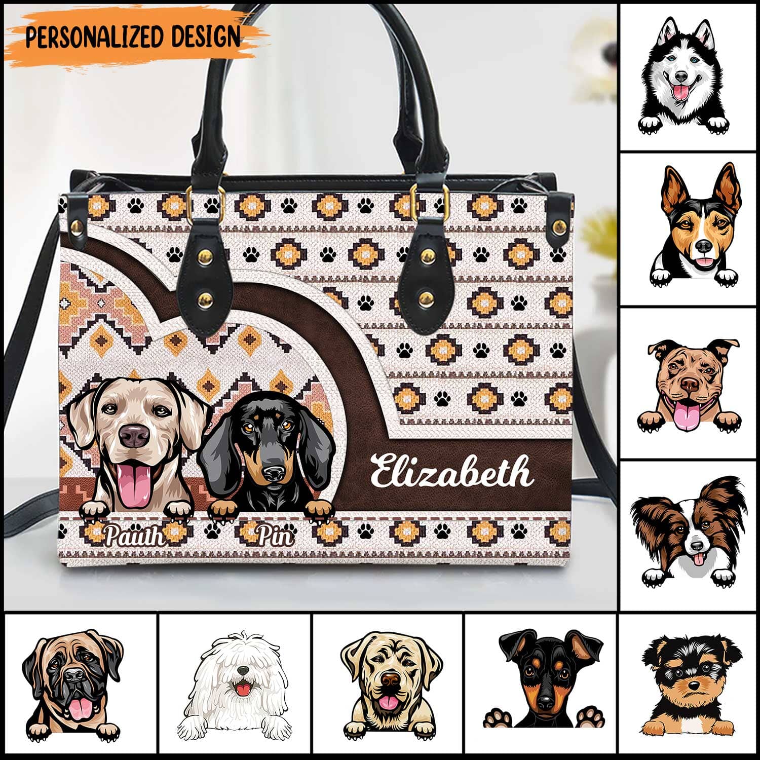 Southwestern Paw Boho Aztec Pattern Cute Dog Puppy Cat Kitten Pattern Personalized Leather Handbag HTN16DEC23KL1 Leather Handbag HumanCustom - Unique Personalized Gifts Made Just for You Black 