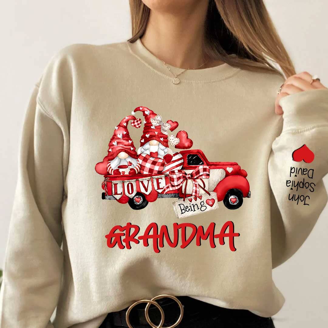 Love being a Grandma Gnome Truck With Sweatheart Grandkids On Sleeve Personalized Sweatshirt HTN16DEC23KL2 2d sweatshirt HumanCustom - Unique Personalized Gifts Made Just for You 