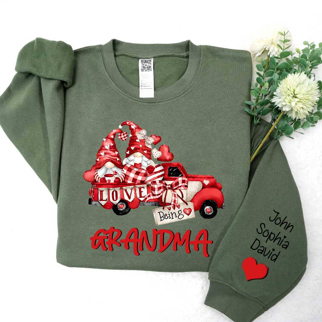 Love being a Grandma Gnome Truck With Sweatheart Grandkids On Sleeve Personalized Sweatshirt HTN16DEC23KL2 2d sweatshirt HumanCustom - Unique Personalized Gifts Made Just for You 