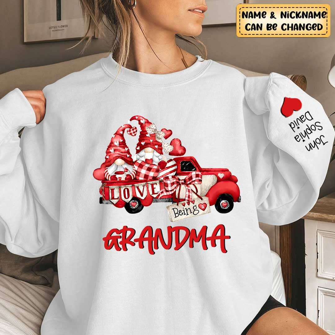 Love being a Grandma Gnome Truck With Sweatheart Grandkids On Sleeve Personalized Sweatshirt HTN16DEC23KL2 2d sweatshirt HumanCustom - Unique Personalized Gifts Made Just for You Sweatshirt White S