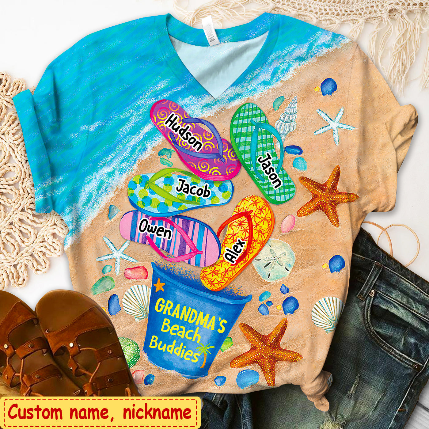Grandma's Beach Buddies Summer Flip Flop Personalized V-neck 3D T-shirt Gift for Grandmas Moms Aunties HTN17JUL23CT1