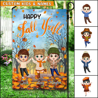 Happy fall y'all Cute Fall season Autumn Vibe Grandkids Personalized Flag Gift for Grandmas and Moms HTN18AUG23VA1