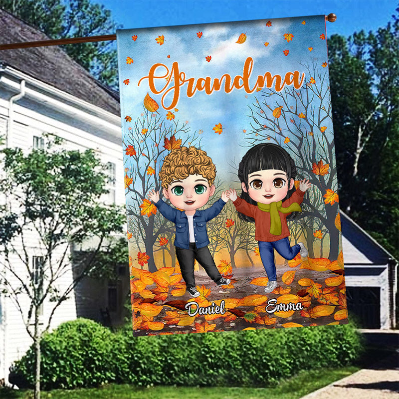 Happy fall y'all Cute Fall season Autumn Vibe Grandkids Personalized Flag Gift for Grandmas and Moms
