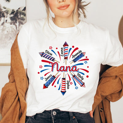 4th Of July Star Firework Patriotic Grandma Nana With Kid Names Personalized White T-shirt and Hoodie HTN19APR24TT1