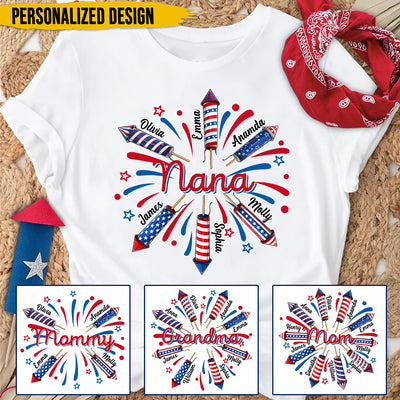 4th Of July Star Firework Patriotic Grandma Nana With Kid Names Personalized White T-shirt and Hoodie HTN19APR24TT1