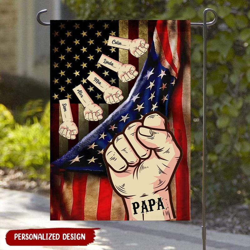 Discover Grandpa, Papa, Daddy Hands Print Fist Bump 4th of July Pattern Personalized Flag