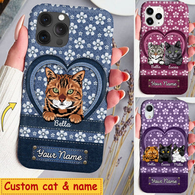 Personalized Flower Denim Pattern Cute Cat Kitten Pet Phone case Gift for cat lovers HTN21DEC22CT1 Silicone Phone Case Humancustom - Unique Personalized Gifts Iphone iPhone 14