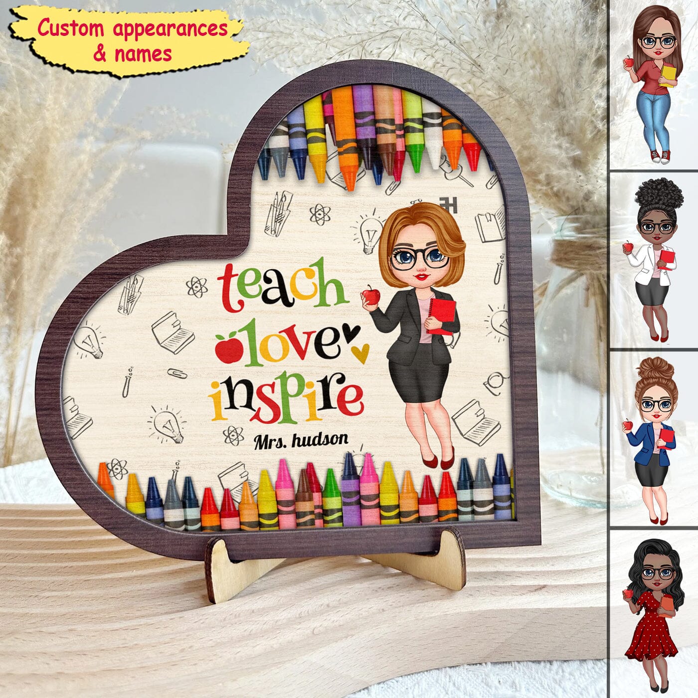 Colorful Crayon Teacher Doll Teach Love Inspire Personalized 2 Layers Wooden Plaque HTN21DEC23CT2 Wood Plaque HumanCustom - Unique Personalized Gifts Made Just for You 5.25 x 5.25 inches 