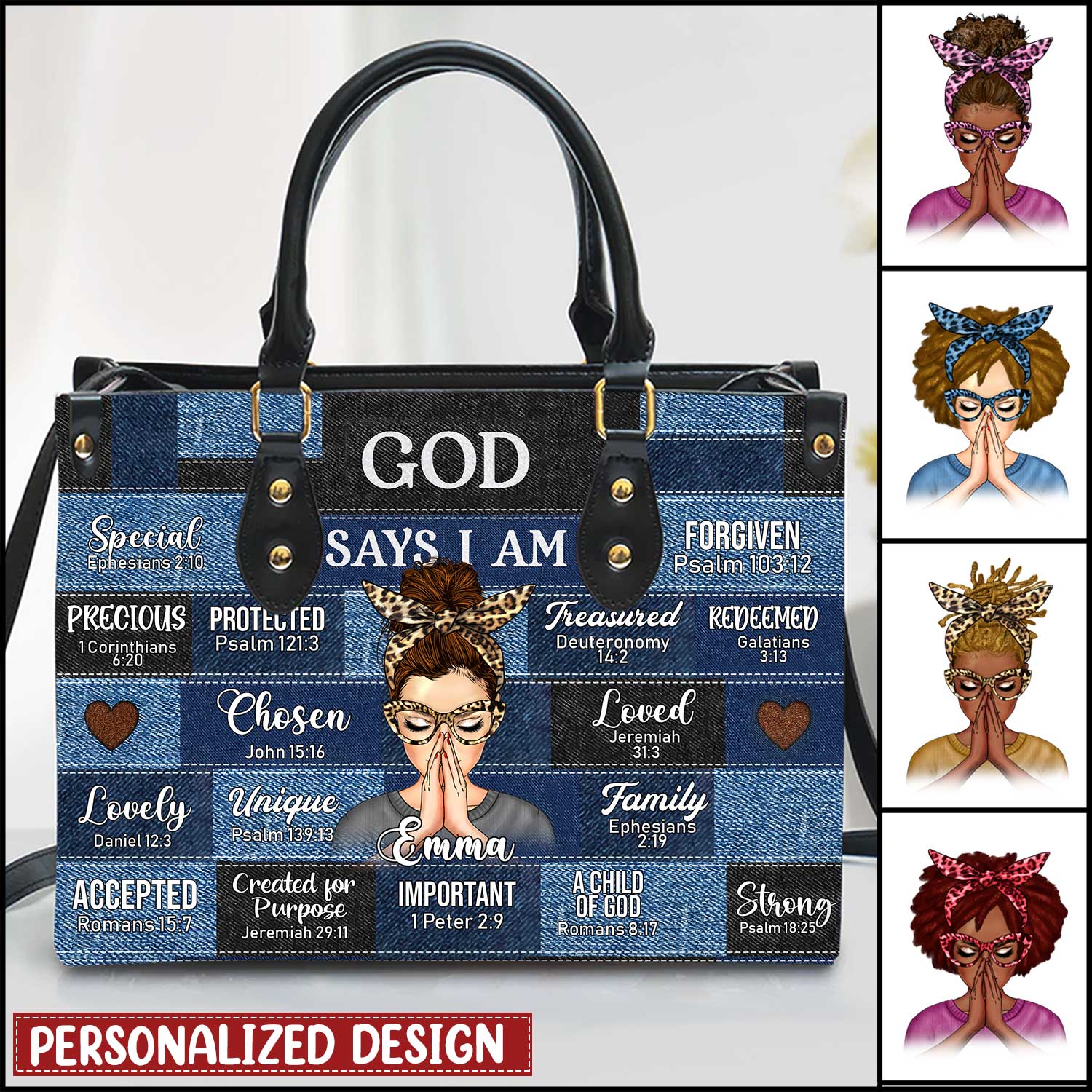 God says I am Praying Girl Denim Pattern Personalized Leather Handbag HTN22AUG23KL1