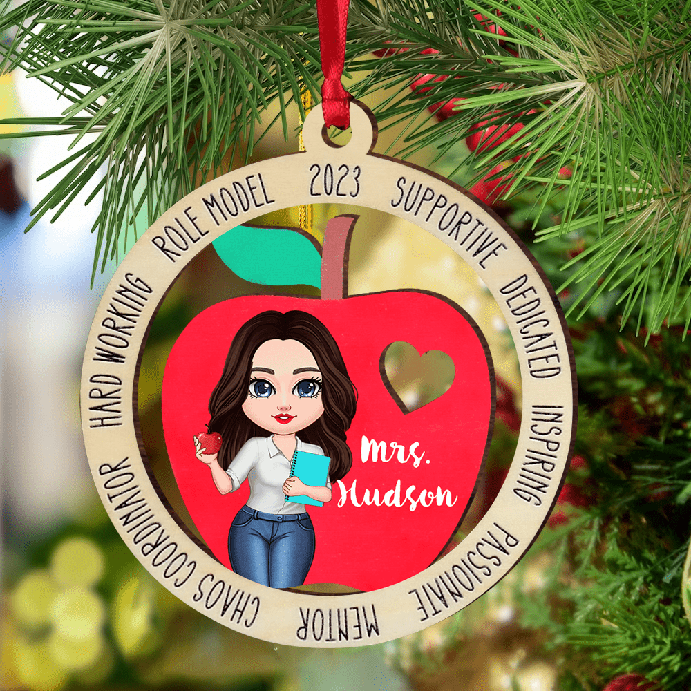 Personalized Teacher Christmas Ornament, Christmas Gift for Teacher, Wooden Apple Ornament, Personalized Ornament, Teacher Appreciation Gift HTN22NOV23NA1 Wood Custom Shape Ornament HumanCustom - Unique Personalized Gifts Made Just for You 