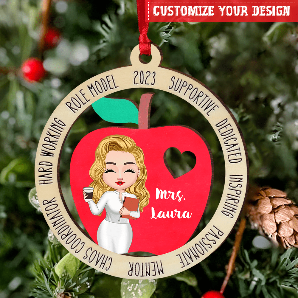 Personalized Teacher Christmas Ornament, Christmas Gift for Teacher, Wooden Apple Ornament, Personalized Ornament, Teacher Appreciation Gift HTN22NOV23NA1 Wood Custom Shape Ornament HumanCustom - Unique Personalized Gifts Made Just for You 