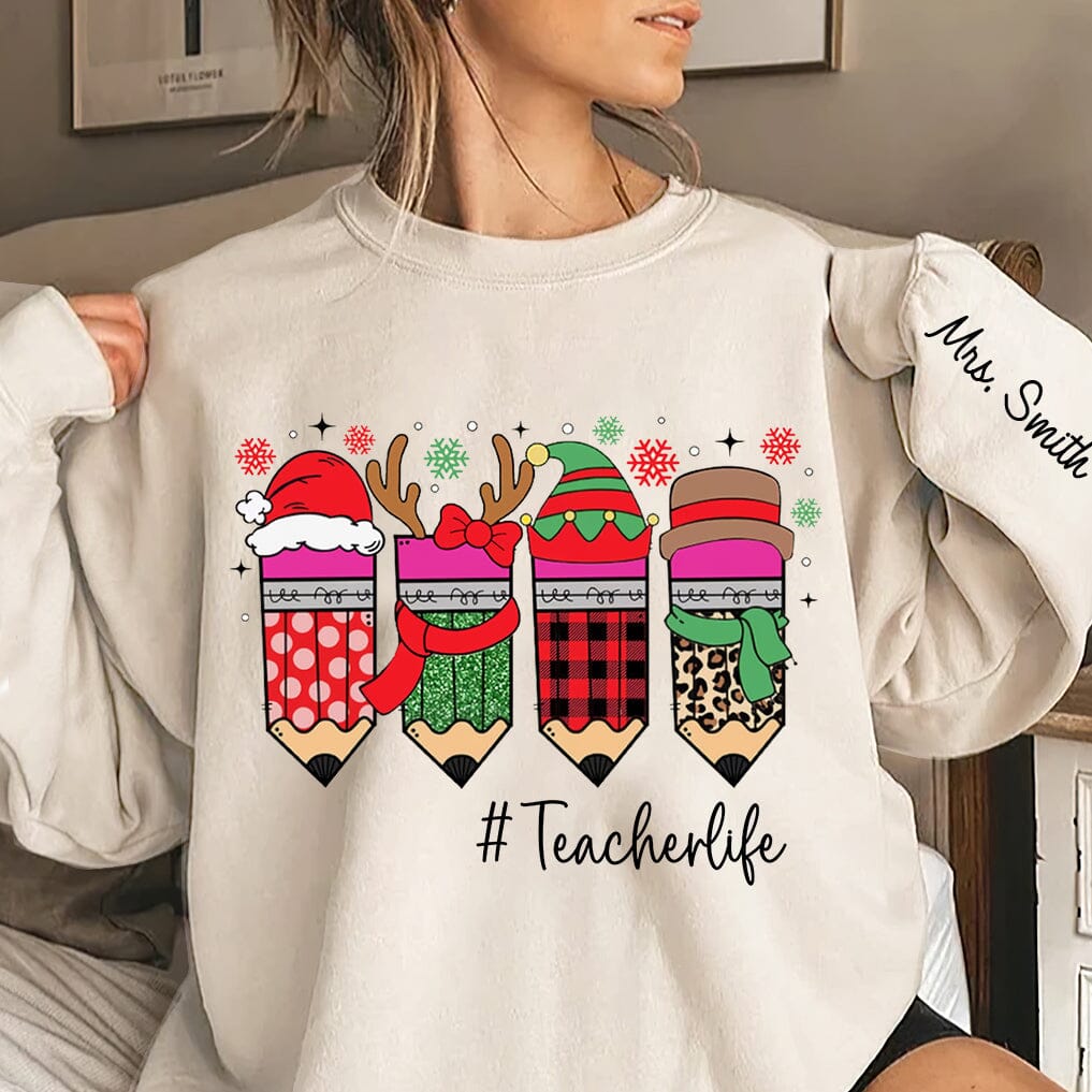 Cute Teacher Christmas Pencils Personalized Sweatshirt Awesome Gift for Teacher Counselors Educators HTN22NOV23TT2 2d sweatshirt HumanCustom - Unique Personalized Gifts Made Just for You Sweatshirt White S