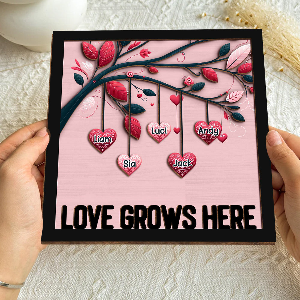 Love grows here Family Name Sweet Heart Personalized 2 Layers Wooden Plaque HTN25DEC23NA1