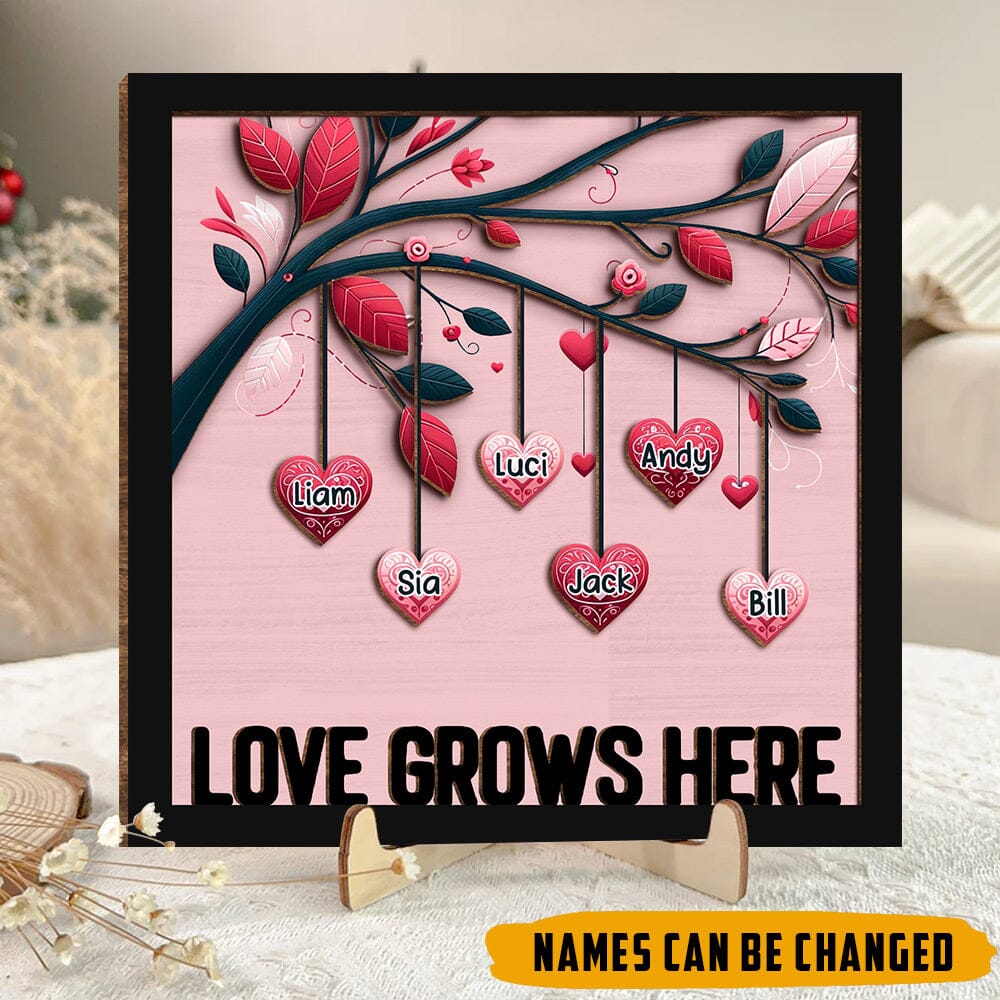 Love grows here Family Name Sweet Heart Personalized 2 Layers Wooden Plaque HTN25DEC23NA1