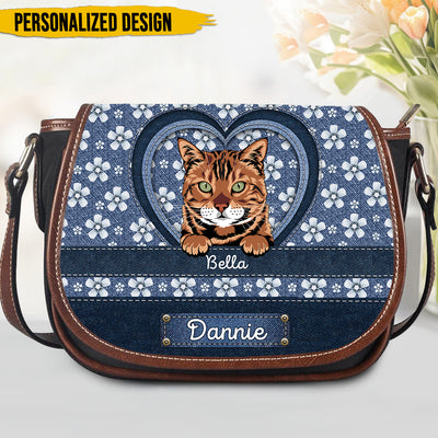 Personalized Flower Denim Pattern Cute Cat Kitten Pet Tambourin Bag With Single Strap Gift for cat lovers HTN26APR24TT1