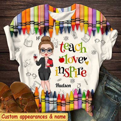 Colorful Crayon Teach Love Inspire Cute Pretty Doll Teacher Personalized 3D T-shirt Perfect Teacher's Day Gift HTN27APR23CT1 3D T-shirt Humancustom - Unique Personalized Gifts T-shirt S