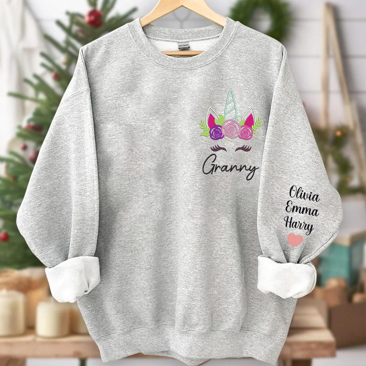 Embroidery Pretty Eyes Unicorn Head Grandma with Grandkids Name on sleeve Personalized Embroidered Sweatshirt HTN27NOV23VA2 Embroidered Sweatshirt HumanCustom - Unique Personalized Gifts Made Just for You 