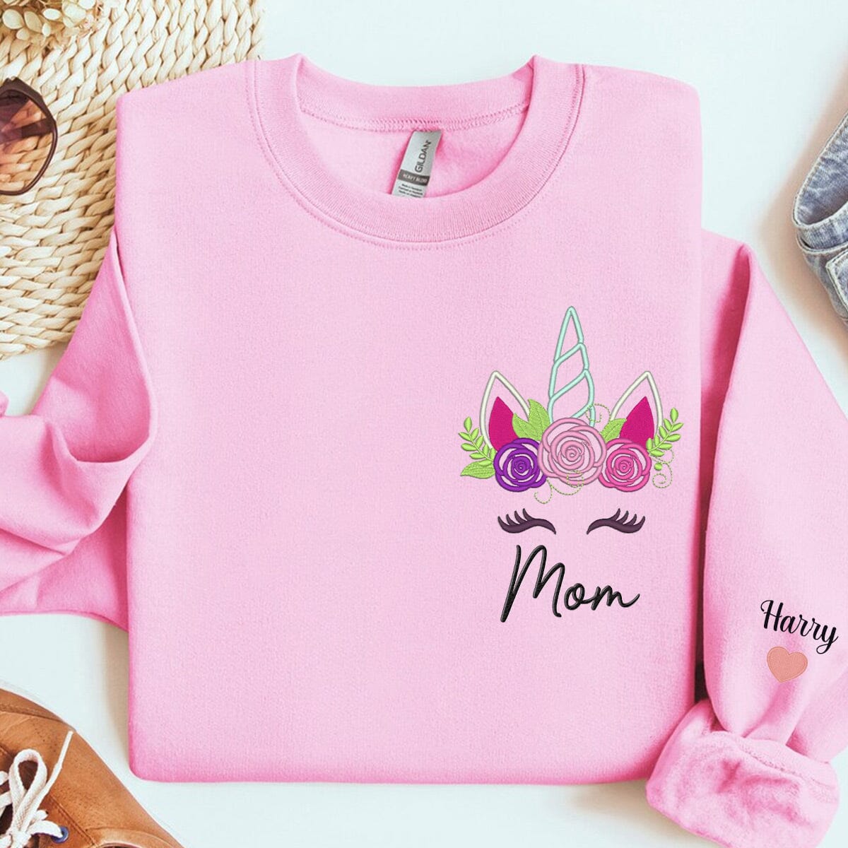 Embroidery Pretty Eyes Unicorn Head Grandma with Grandkids Name on sleeve Personalized Embroidered Sweatshirt HTN27NOV23VA2 Embroidered Sweatshirt HumanCustom - Unique Personalized Gifts Made Just for You 