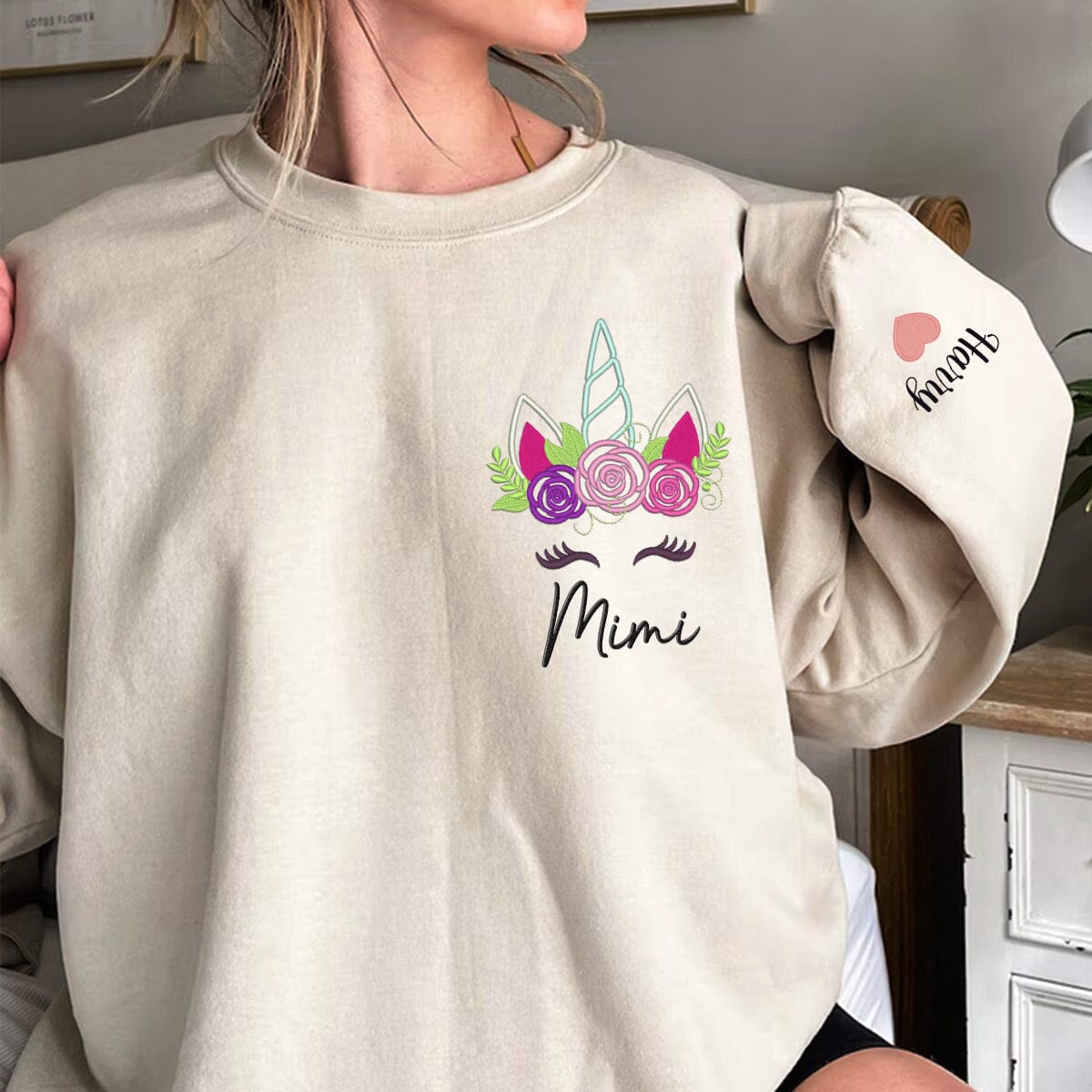 Embroidery Pretty Eyes Unicorn Head Grandma with Grandkids Name on sleeve Personalized Embroidered Sweatshirt HTN27NOV23VA2 Embroidered Sweatshirt HumanCustom - Unique Personalized Gifts Made Just for You White S 