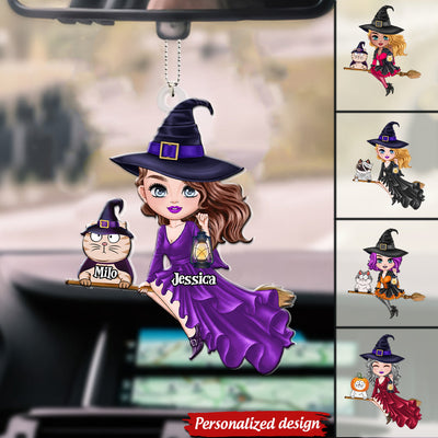 Witch Riding Broom Mystical Girl With Cute Cat Kitten Pet Personalized Car Ornament HTN28AUG23VA3