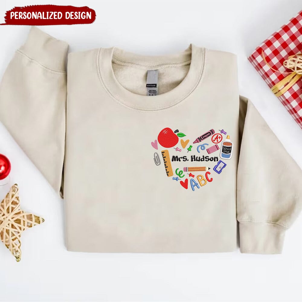 Embroidery Teacher Heart Personalized Embroidered Sweatshirt HTN28NOV23NY1 Embroidered Sweatshirt HumanCustom - Unique Personalized Gifts Made Just for You White S 