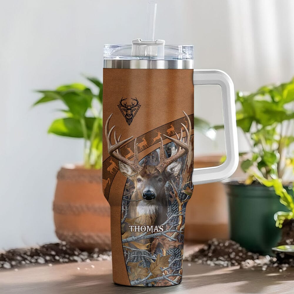 Deer Hunting Leather Pattern Personalized Tumbler With Straw HTN28NOV23VA3 Tumbler With Straw HumanCustom - Unique Personalized Gifts Made Just for You 