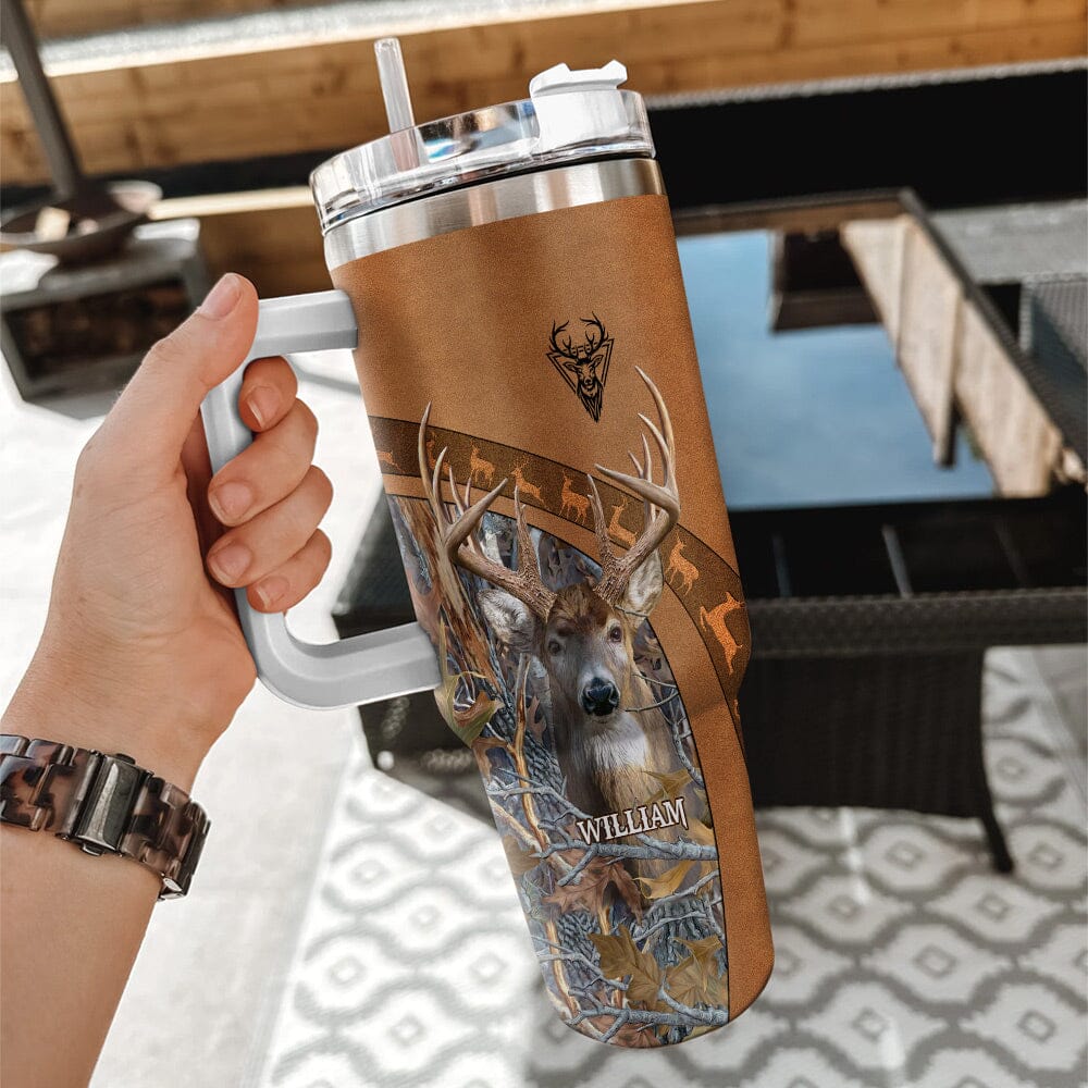 Deer Hunting Leather Pattern Personalized Tumbler With Straw HTN28NOV23VA3 Tumbler With Straw HumanCustom - Unique Personalized Gifts Made Just for You 