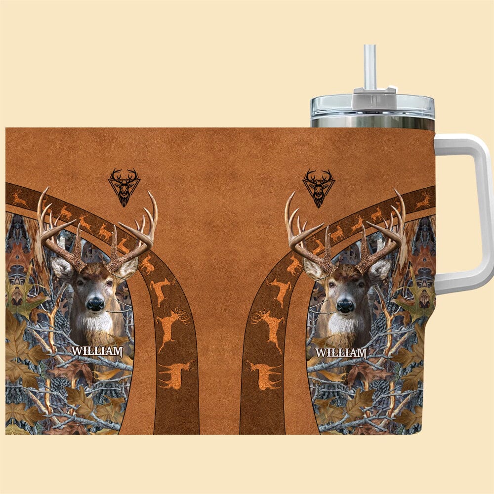 Deer Hunting Leather Pattern Personalized Tumbler With Straw HTN28NOV23VA3 Tumbler With Straw HumanCustom - Unique Personalized Gifts Made Just for You 