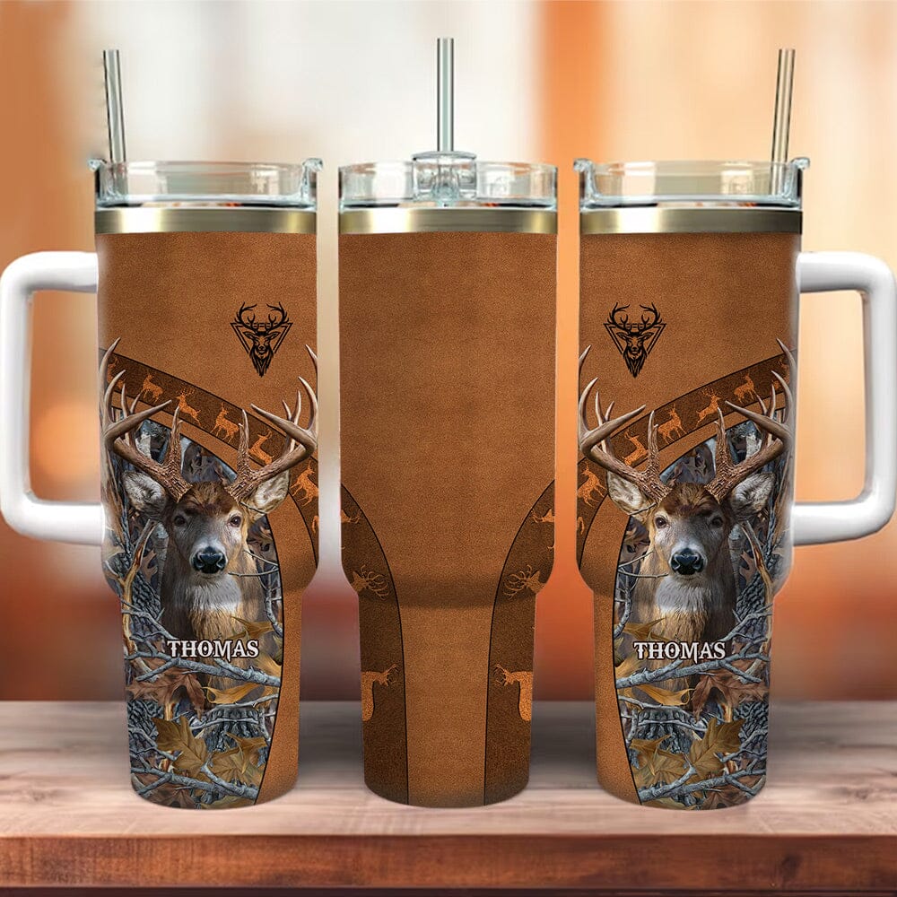 Deer Hunting Leather Pattern Personalized Tumbler With Straw HTN28NOV23VA3 Tumbler With Straw HumanCustom - Unique Personalized Gifts Made Just for You 40OZ 