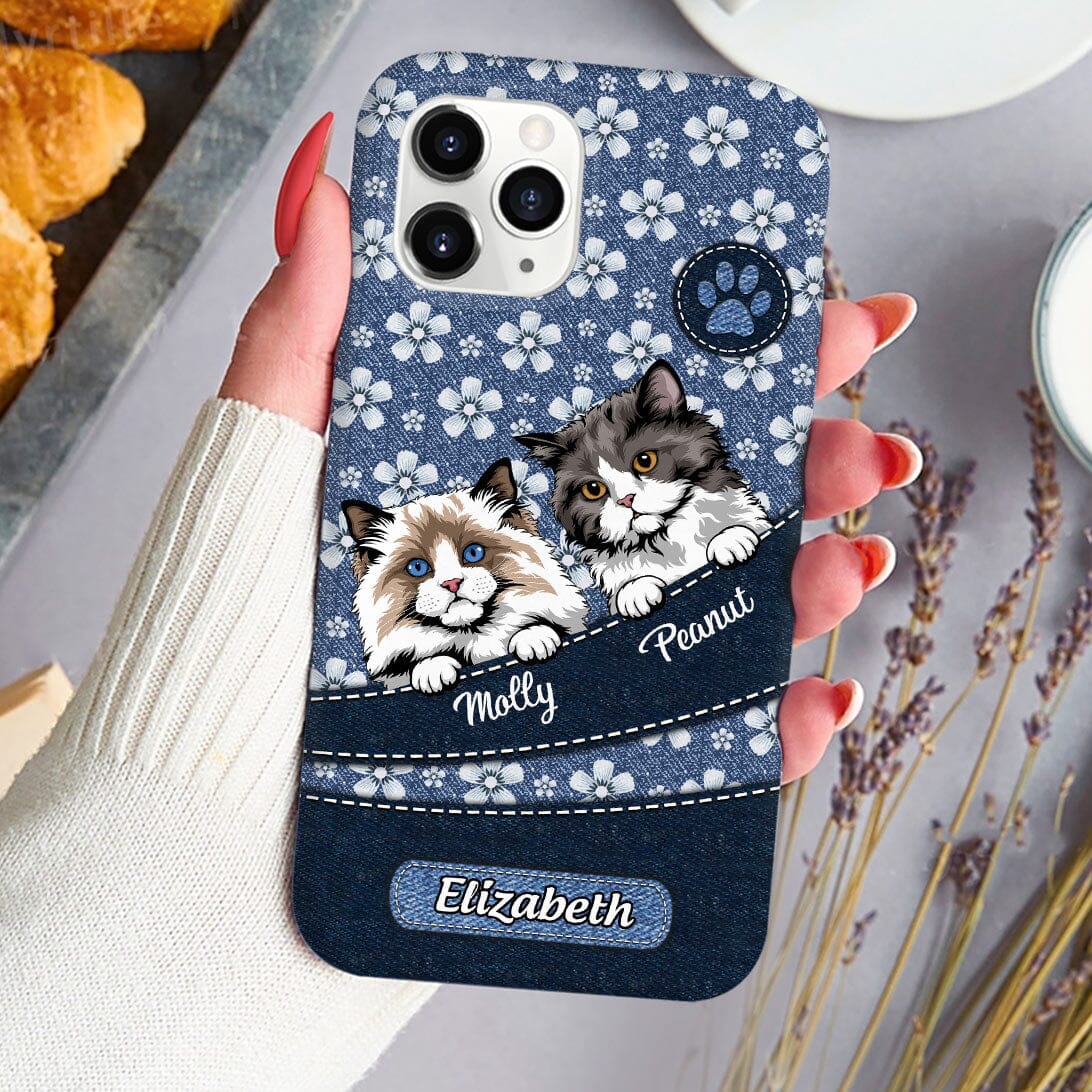 Flower Denim Pattern Cute Cat Kitten Pet Personalized Phone case Purrfect Gift for Cat Lovers HTN29NOV23VA1 Silicone Phone Case HumanCustom - Unique Personalized Gifts Made Just for You Iphone iPhone 15 