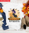 Halloween Grandma Mom Witch On Magic Broom With Pumpkin Grandkids Personalized White T-shirt and Hoodie HTN30AUG23NA1