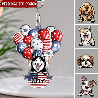 4th of July Cute Puppy Pet Dog Lovers American Flag Hot Air Balloon Personalized Keychain LPL02JUN23NY2