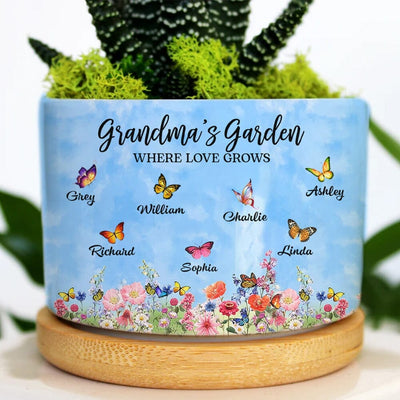 Grandma Mom's Garden With Butterfly Kids, Where Love Grows Personalized Ceramic Plant Pot LPL04APR23KL1 Ceramic Plant Pot Humancustom - Unique Personalized Gifts