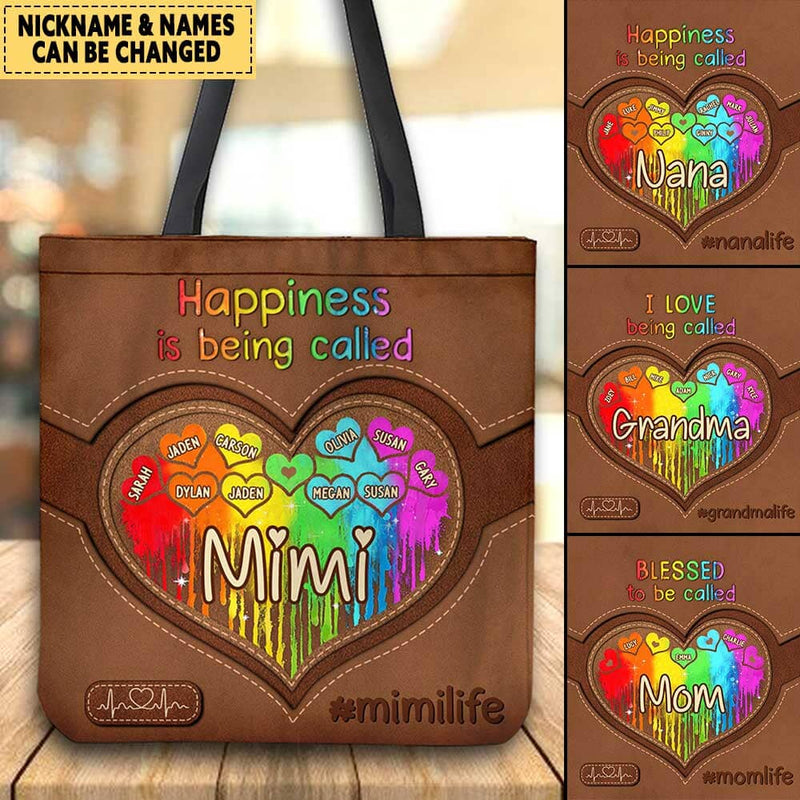 Discover Gift for Grandma, Happiness is being called Mimi Personalized Leather Pattern Tote Bag