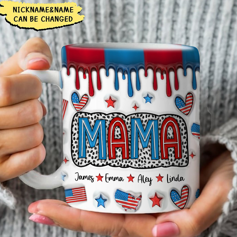 Discover 4th July Mama Nana Mom Dalmatian Pattern Custom Kids Name Personalized 3D Inflated Effect Mug