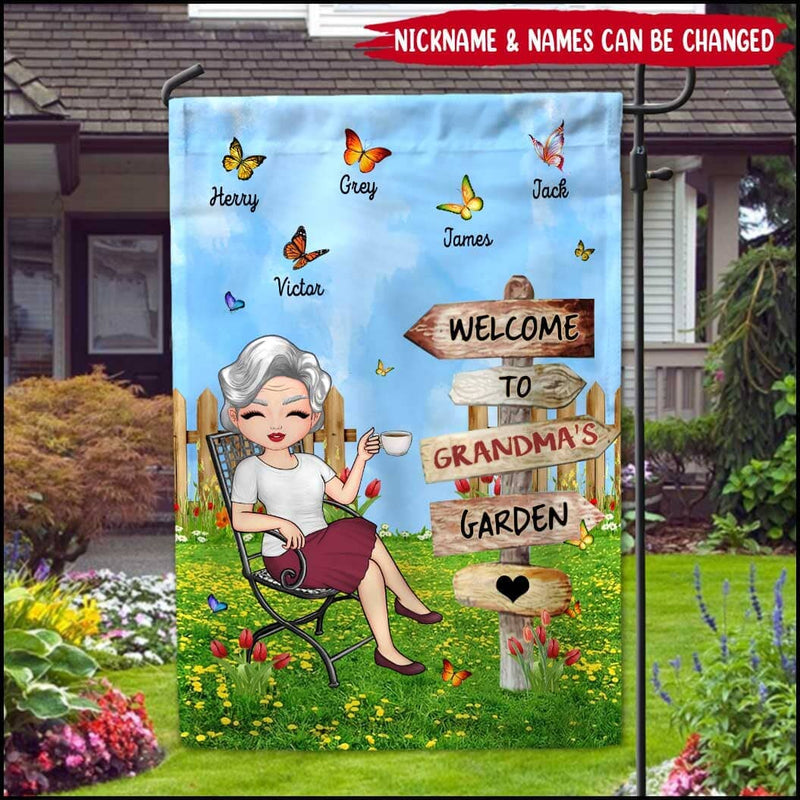 Welcome To Auntie Mom Grandma's Garden Butterfly Kids Personalized Flag