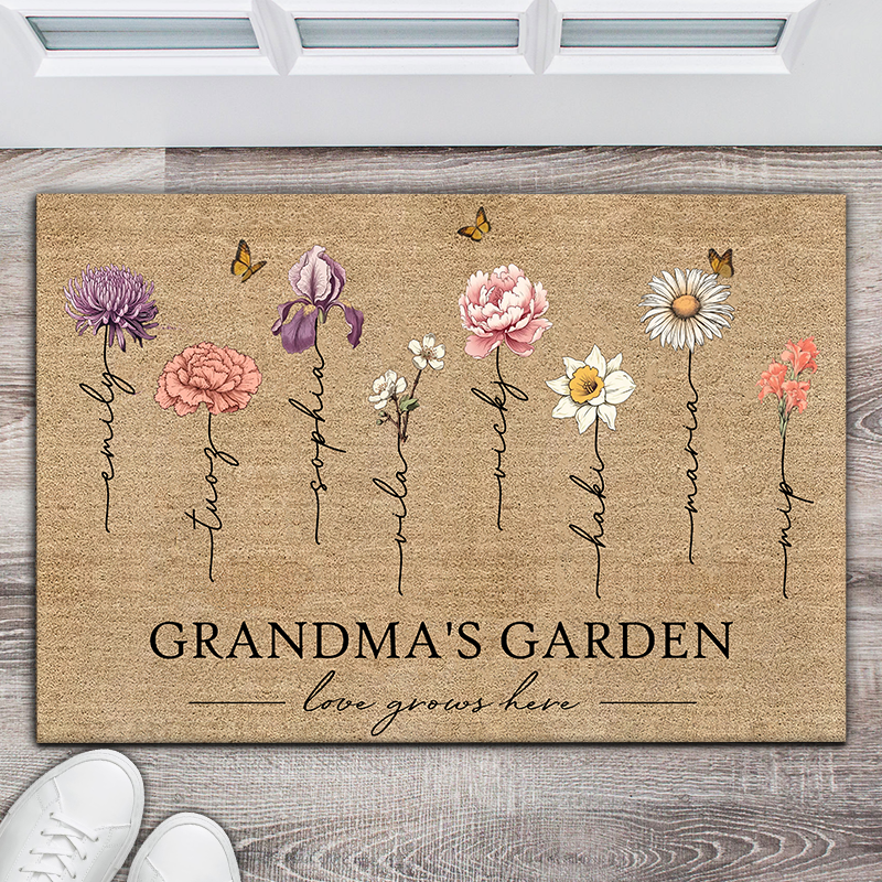 Grandma‘s Garden Love Grows Here Vintage Birth Flowers Swirl Name Personalized Doormat, Mother's Day Gift, Gift For Her, Mom, Grandma