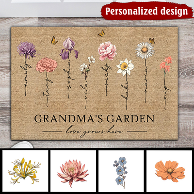 Grandma‘s Garden Love Grows Here Vintage Birth Flowers Swirl Name Personalized Doormat, Mother's Day Gift, Gift For Her, Mom, Grandma LPL06APR24KL1