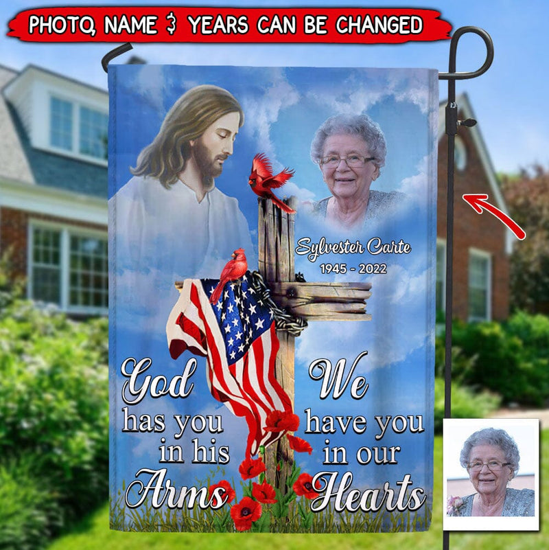 Discover Memorial Upload Photo Jesus Cross Cardinal American Flag, God Has You In His Arms I Have You In My Heart Personalized Flag
