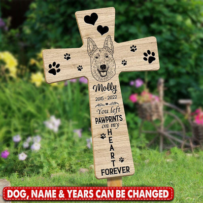 Memorial Puppy Pet Dog Head Outline Pawprints, You Left Pawprints On My Heart Forever Personalized Wooden Cross LPL09JUN23TP2 Memory Cross Wooden Humancustom - Unique Personalized Gifts Memory Cross Wooden 16 x 11.5 x 1/2 inch